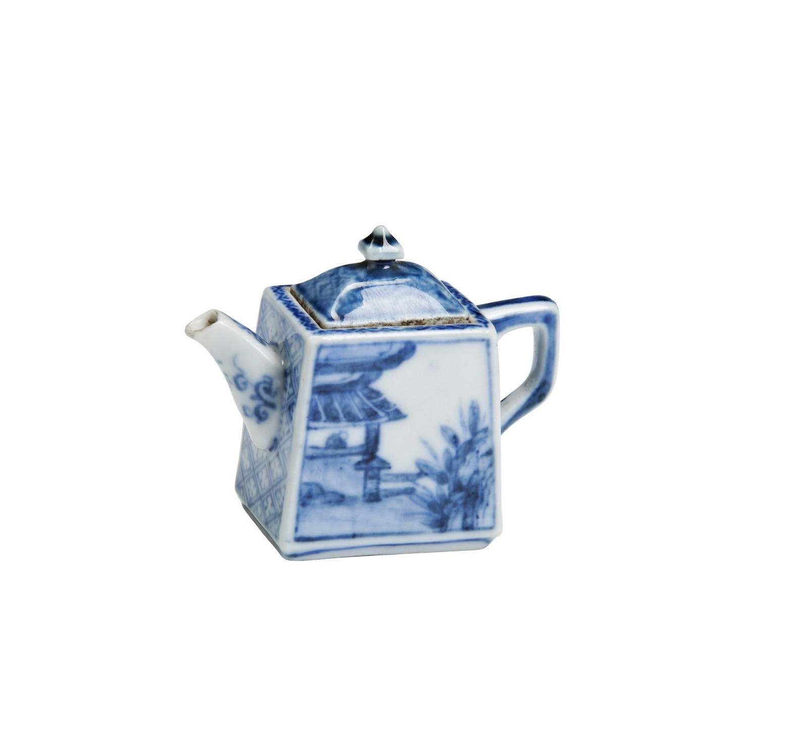 A RARE BLUE AND WHITE WATER-DROPPER QING DYNASTY, 18TH / 19TH CENTURY the square teapot-form