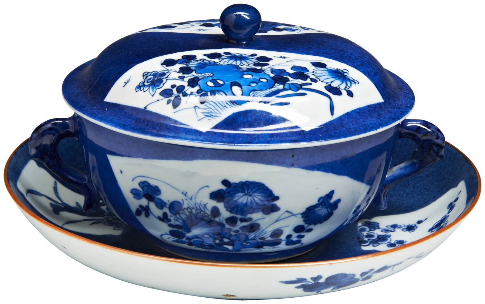 A POWDER-BLUE DECORATED TWO-HANDLED BOWL, COVER AND STAND KANGXI PERIOD (1662-1722) decorated in