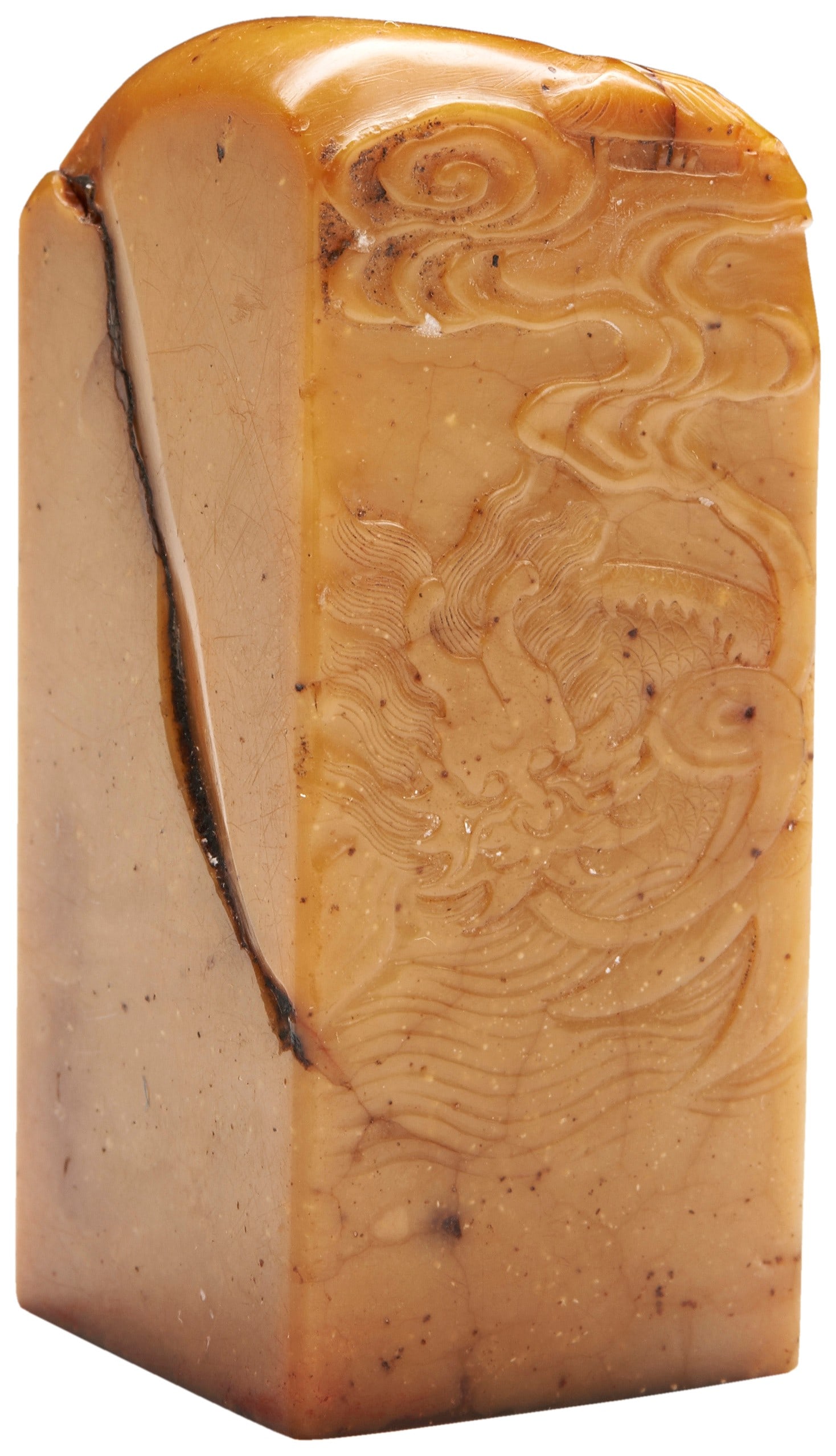 A CARVED TIANHUANG SEAL WITH DRAGON ON THE CLOUD 2OTH CENTURY A finely carved dragon on the surface: A CARVED TIANHUANG SEAL WITH DRAGON ON THE CLOUD 2OTH CENTURY A finely carved dragon on the surface of the Tianhuang seal, with artist mark, Dr. Lu Ming Xuan 6cm high PROVENANCE: Private Collection ac