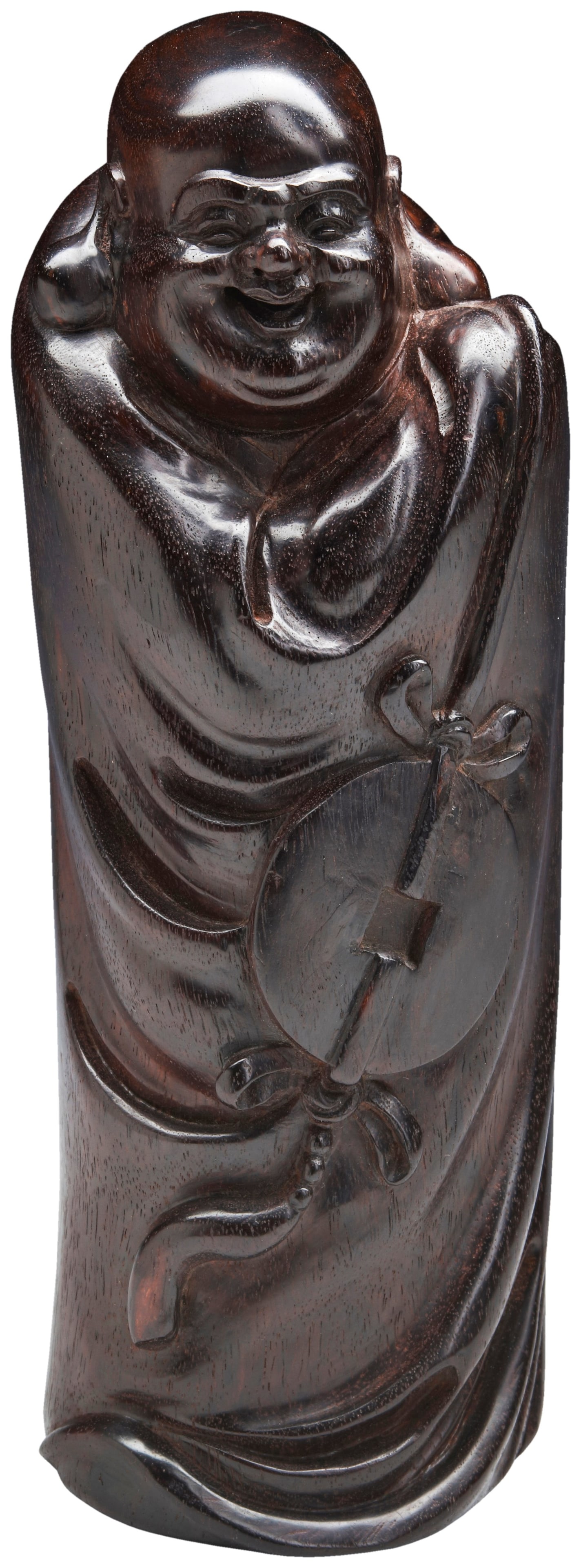 A RARE CARVED ZITAN FIGURE OF BUDDHA LATE QING DYNASTY  modelled as the standing laughing Buddha (1 of 1)