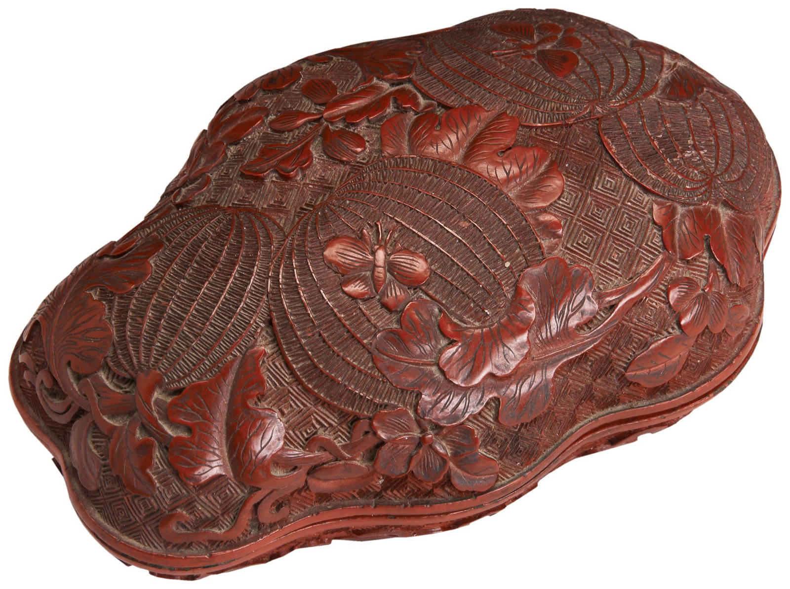 A CINNABAR LACQUER 'LYCHEE' BOX AND COVER QIANLONG PERIOD (1736-1795) carved in varying layers with