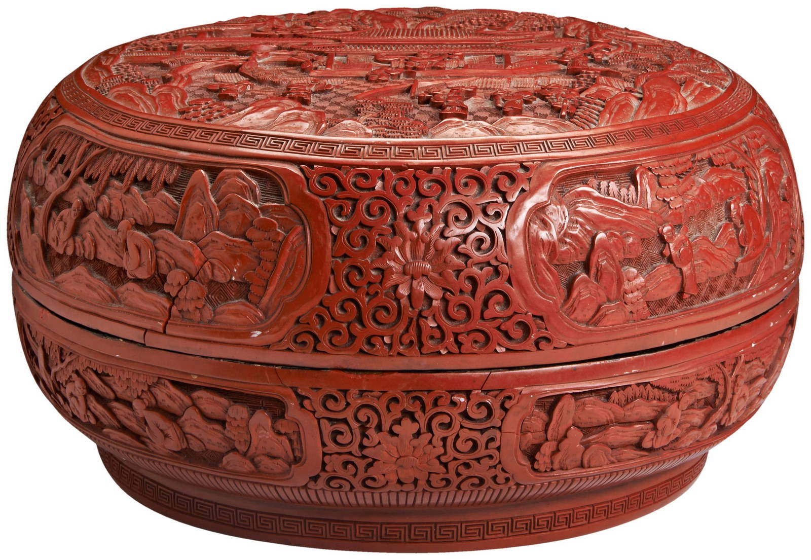 A LARGE CINNABAR LACQUER BOX AND COVER QING DYNASTY, 19TH CENTURY the cover carved with figures,