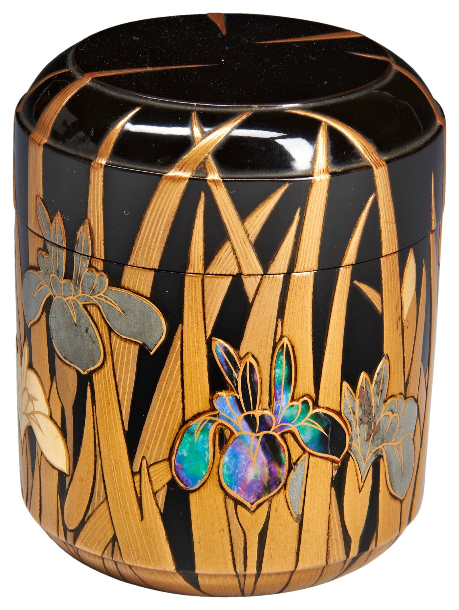A JAPANESE LACQUER TEA CADDY (NATSUME) 19TH CENTURY decorated in gold, silver and shell inlaid