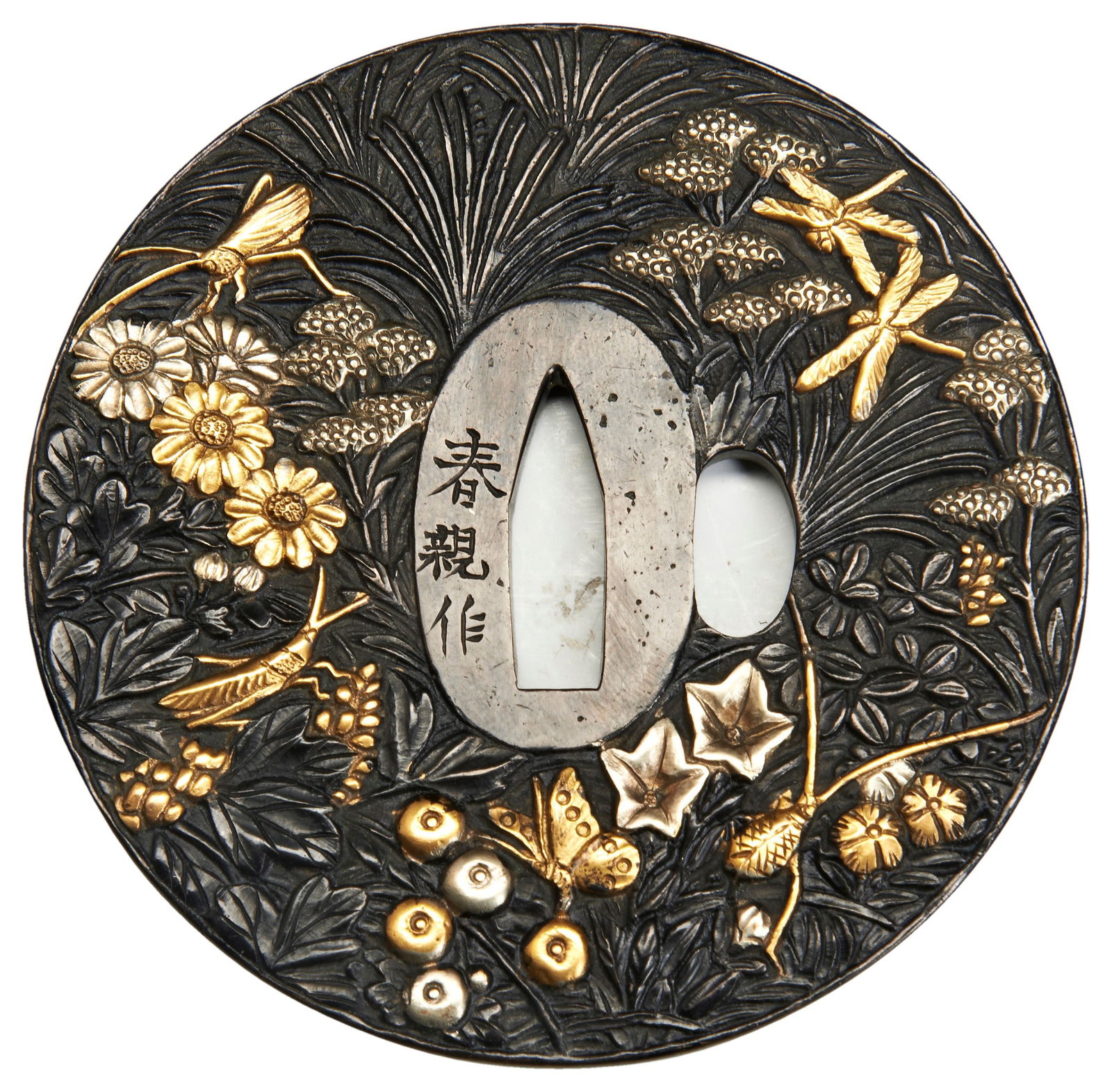 A JAPANESE MIXED METAL TSUBA SIGNED HARU CHIKU SAKU  EDO / MEIJI PERIOD decorated with (1 of 2)