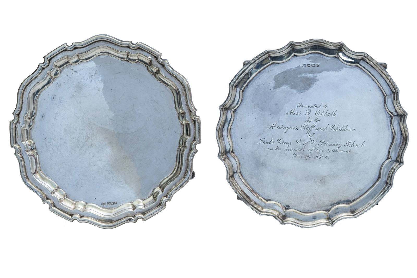 A SILVER WAITER Sheffield, 1905, Mappin & Webb and another, Sheffield, 1967, with inscription,: A SILVER WAITER Sheffield, 1905, Mappin & Webb and another, Sheffield, 1967, with inscription, approx. 683g, 21cms max.