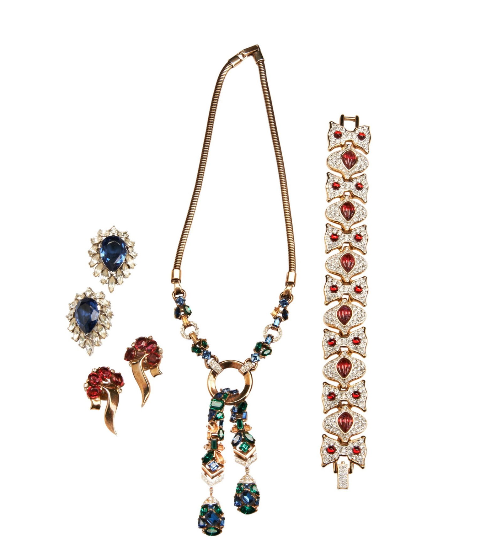 TRIFARI, A GREEN, BLUE AND WHITE PASTE NECKLACE, the polished loop suspending two drops set with: TRIFARI, A GREEN, BLUE AND WHITE PASTE NECKLACE, the polished loop suspending two drops set with vari cut green, blue and white paste, on a snake link chain. Stamped TRIFARI 36.5cm long TRIFARI, A PAI